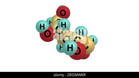 Ribose is a carbohydrate with the formula C5H10O5. Ribose is a pentose monosaccharide or simple sugar. 3d illustration of ribose molecular structure Stock Photo