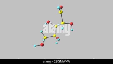 Ribose is a carbohydrate with the formula C5H10O5. Ribose is a pentose monosaccharide or simple sugar. 3d illustration of ribose molecular structure Stock Photo