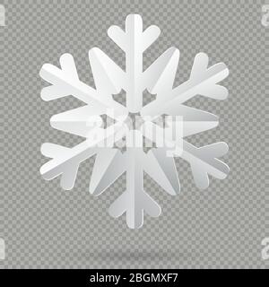 White realistic folded paper Christmas snowflake with shadow isolated on transparent background. EPS 10 Stock Vector