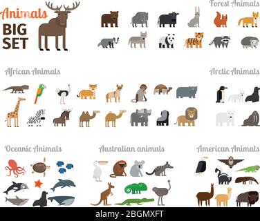 Animals in flat style big set. Forest animals and animals from different continents. Vector illustration. Stock Vector