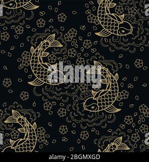 Fish pattern. Vector line seamless koi fish backround Stock Vector