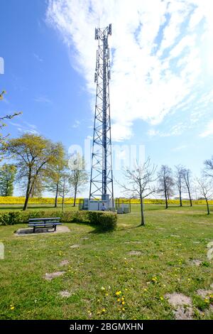 5G Network Connection Concept-5G smart cellular network antenna base station on the telecommunication mast. In a green environment. Stock Photo