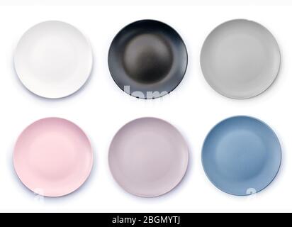 Set of six colorful empty plates isolated on white background top view. White, Black, Grey, Pink, Purple and Navy Blue empty plates collection Stock Photo