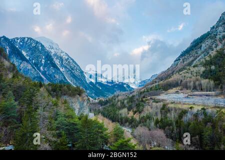 The village Palleusieux under a big mountain, in the Basin Pre-Saint-Didier, Aosta Valley at the time of corona virus outbreak, northern Italy Stock Photo