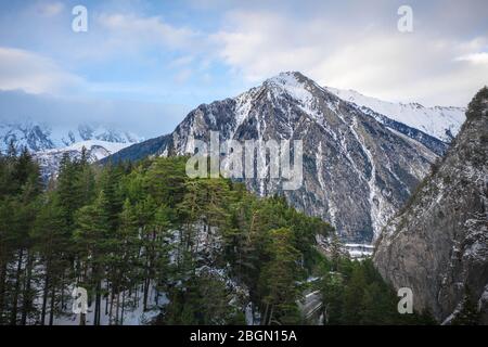 The village Palleusieux under a big mountain, in the Basin Pre-Saint-Didier, Aosta Valley at the time of corona virus outbreak, northern Italy Stock Photo