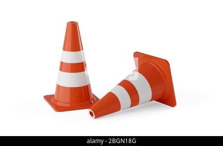 Two orange traffic warning cones or pylons on white background - under construction, maintenance or attention concept, 3D illustration Stock Photo