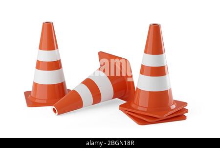 Orange traffic warning cones or pylons on white background - under construction, maintenance or attention concept, 3D illustration Stock Photo