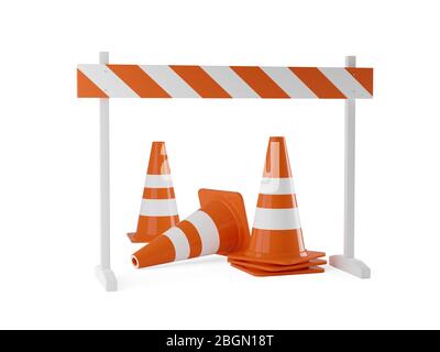 Orange traffic warning cones or pylons with street barrier on white background - under construction, maintenance or attention concept, 3D illustration Stock Photo