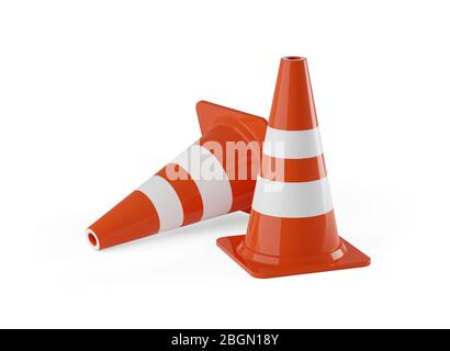 Two orange traffic warning cones or pylons on white background - under construction, maintenance or attention concept, 3D illustration Stock Photo