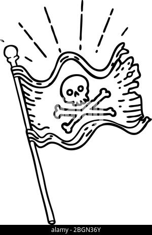 illustration of a traditional black line work tattoo style waving pirate flag Stock Vector