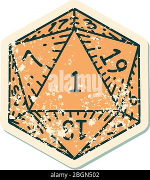 Retro Tattoo Style natural 1 D20 dice roll Stock Vector