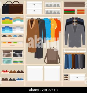 Clothes wardrobe vector illustration. Wardrobe room with mens cloths in flat style Stock Vector