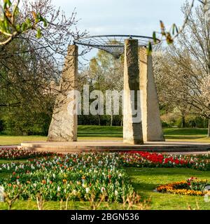 Britzer Garten, Berlin, Germany - april 16, 2020: part of  the due to Corona barricaded Tulipan 2020 tulip show Stock Photo