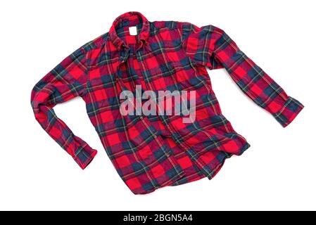 Red men's cotton plaid shirt isolated on white background Stock Photo