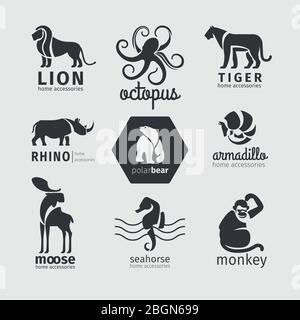 Black silhouette animals logos, emblems and labels set. Vector illustration Stock Vector