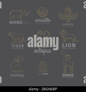 Outline linear animals vector logos, emblems and labels set Stock Vector