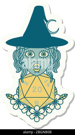 sticker of a human witch with natural twenty dice roll Stock Vector