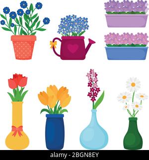 Flower pots icons. Spring flowers in pots and vases set. Vector illustration Stock Vector