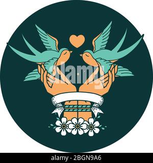 tattoo style icon with banner of tied hands and swallows Stock Vector