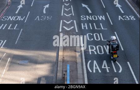 Birmingham, England, UK. 22nd Apr, 2020. Early morning 'rush hour' in Birmingham City Centre during week 4 of the national lockdown in response to the Covid-19 Coronavirus pandemic. Early morning traffic on St Chads Queensway in the centre of Birmingham. Credit: Simon Hadley/Alamy Stock Photo