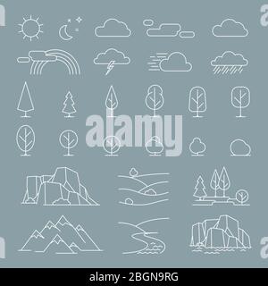 Nature landscape thin line elements icons. Vector nature landscape items Stock Vector