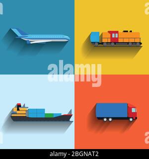 Transportation concept flat icons. Cargo ship and plane and truck vector illustration. Stock Vector