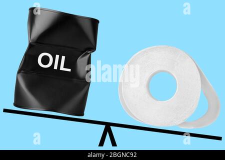 Oil barrel and toilet paper on scales, oil drum and bog roll balance, oil price drop concept, low cost barrel banner, fuel value fall illustration Stock Photo