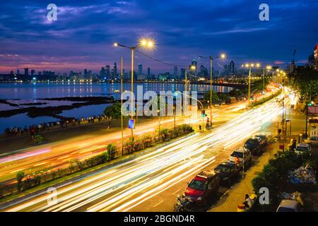 Marine drive in the night with car light trails. Mumbai, Maharashtra, India Stock Photo