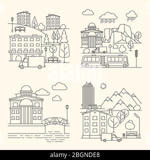 City linear elements. City buildings and transport, urban landscape in line style. Vector illustration Stock Vector