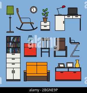 Furniture and home accessories icons. Furniture flat outline colored icons on blue background. Vector illustration Stock Vector