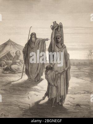 Abraham Sends Hagar and Ishmael Away, Old Testament, woodcut by Gustave Doré Stock Photo