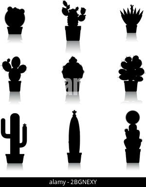 Cactus silhouettes on white background. Cactus in pots, home plants. Vector icons Stock Vector