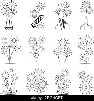 Firework icons set. Black line celebration fireworks icons on white background. Vector illustration Stock Vector