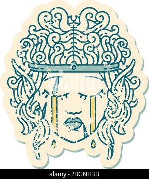 Retro Tattoo Style crying elf barbarian character face Stock Vector