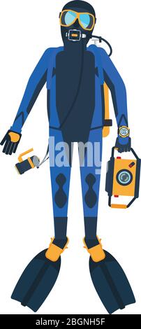 Scuba diver flat style illustration. Diving man on white background. Vector illustration Stock Vector