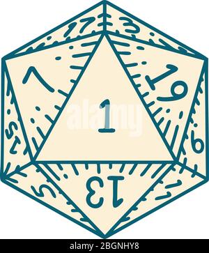 Retro Tattoo Style natural 1 D20 dice roll Stock Vector