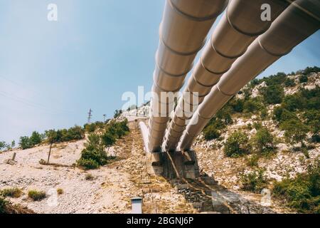 Pipeline passing through the mountains. Pipeline from Serbia to Montenegro Stock Photo