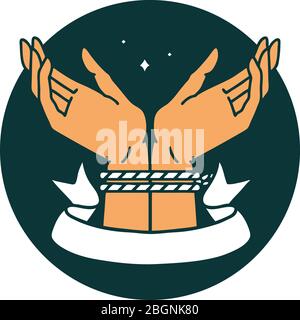 tattoo style icon with banner of a pair of tied hands Stock Vector