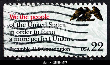 UNITED STATES OF AMERICA - CIRCA 1987: a stamp printed in the USA shows Preamble, US Constitution, Drafting of the Constitution Bicentennial, We the P Stock Photo