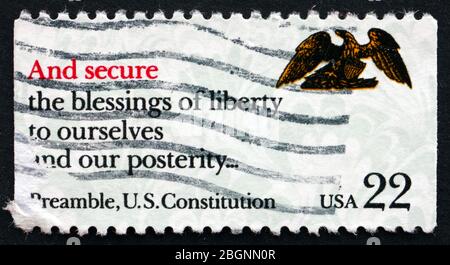 UNITED STATES OF AMERICA - CIRCA 1987: a stamp printed in the USA shows Preamble, US Constitution, Drafting of the Constitution Bicentennial, And Secu Stock Photo