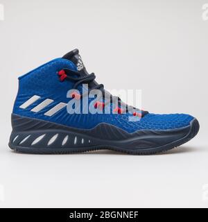 VIENNA, AUSTRIA - AUGUST 16, 2017: Adidas Crazy Explosive 2017 blue, red and white sneaker on white background. Stock Photo