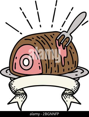 scroll banner with tattoo style roast beef Stock Vector