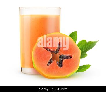 Isolated tropical shake. Papaya smoothie in a glass and slice of fruit isolated on white background Stock Photo