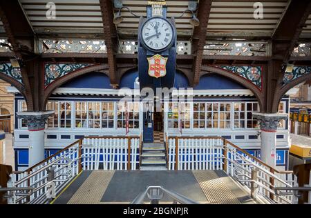 Restaurant at the old Signal Box with clock at the York Railway station. Stock Photo