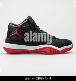 VIENNA, AUSTRIA - AUGUST 24, 2017: Nike Air Jordan Super Fly 2017 black, red and white sneaker on white background. Stock Photo