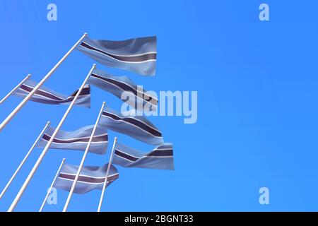 Botswana flags waving in the wind against a blue sky. 3D Rendering Stock Photo