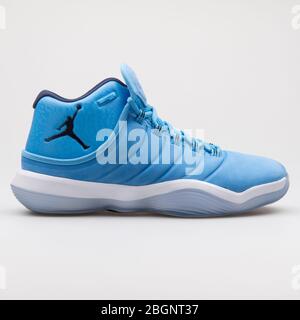 VIENNA, AUSTRIA - AUGUST 24, 2017: Nike Air Jordan Super Fly 2017 university blue sneaker on white background. Stock Photo