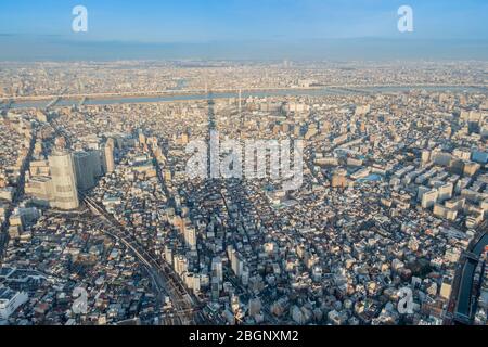 The landscape photo of  Tokyo Skytree tower's shadow whch lies on Tokyo city with blue sky background. Tokyo, Jaqpan February 7, 2020 Stock Photo