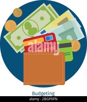 Wallet with money flat illustration. Wallet with dollars, credit cards and cash. Vector illustration Stock Vector
