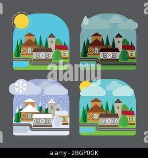 Small town landscape in flat style. Four seasons colorful landscape icons. Vector illustration Stock Vector